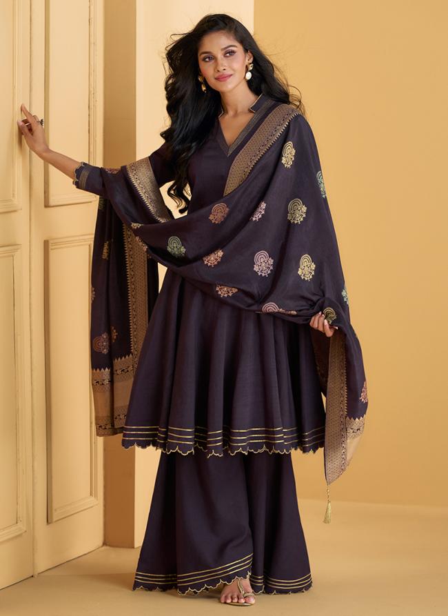 Pure Silk Purple Party Wear Embroidery Work Readymade Salwar Suit